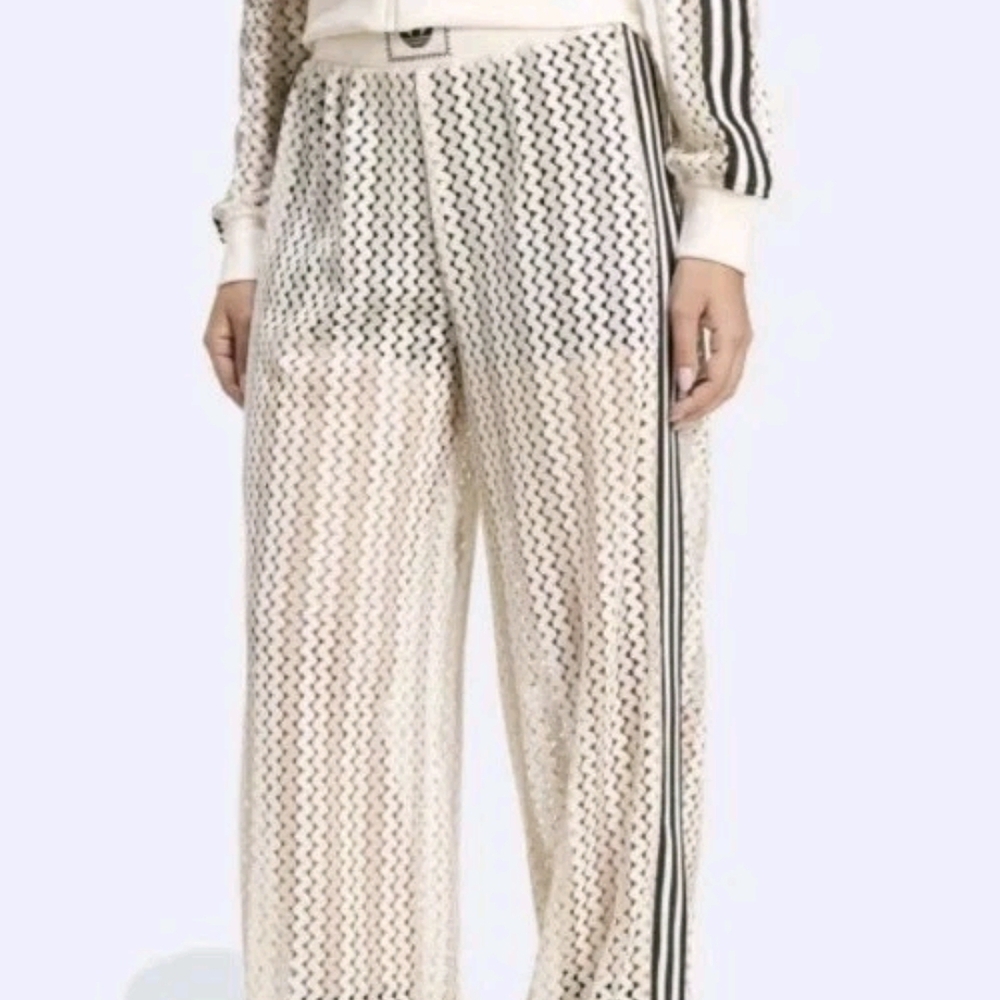 adidas Cream Sheer Wide-Leg Track Pants with Black Side Stripes